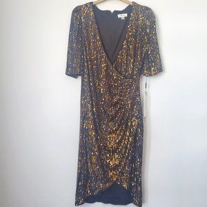 CALVIN KLEIN Gold Sequined Midi Cross-over Faux Wrap Formal Evening Dress V neck